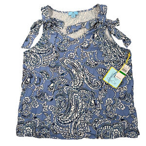 CeCe Tie Shoulder Paisley Tank Top Women's Large Blue White V-Neck New